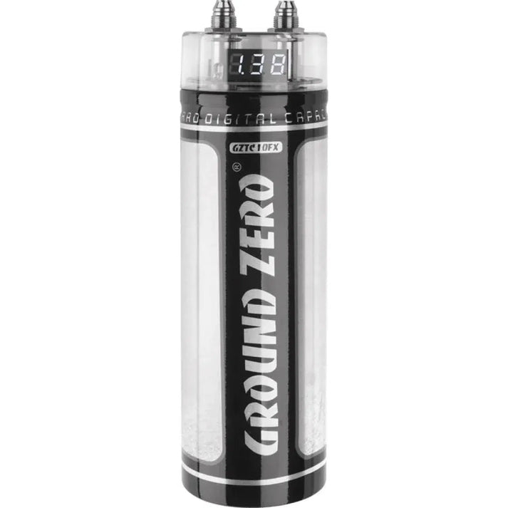 The Ground Zero Titanium GZTC 1.0FX 1 Farad Kondensator with LCD voltage display on top shows 12.38V.
