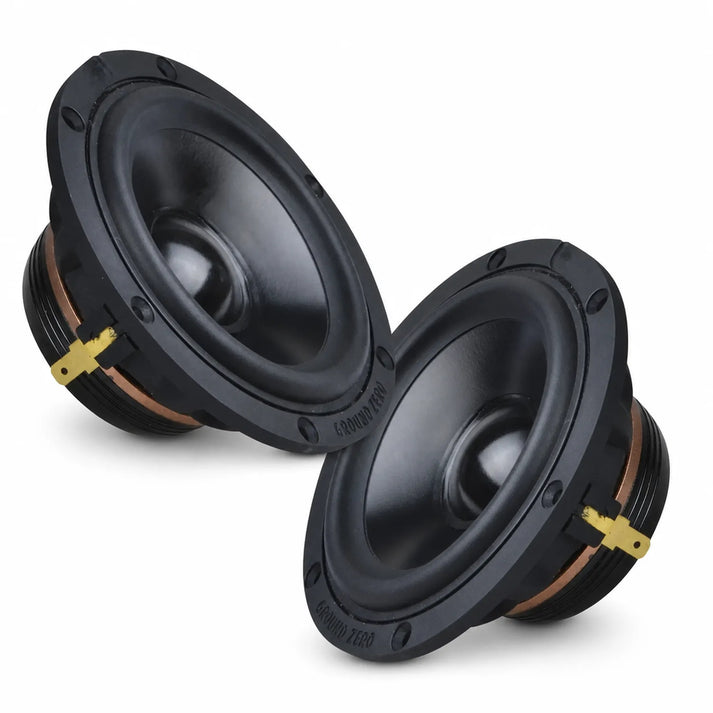 Two black cone speakers with aluminum membranes and round frames face each other, showing copper coils and yellow connectors—Ground Zero Uranium GZUM 80SQ.
