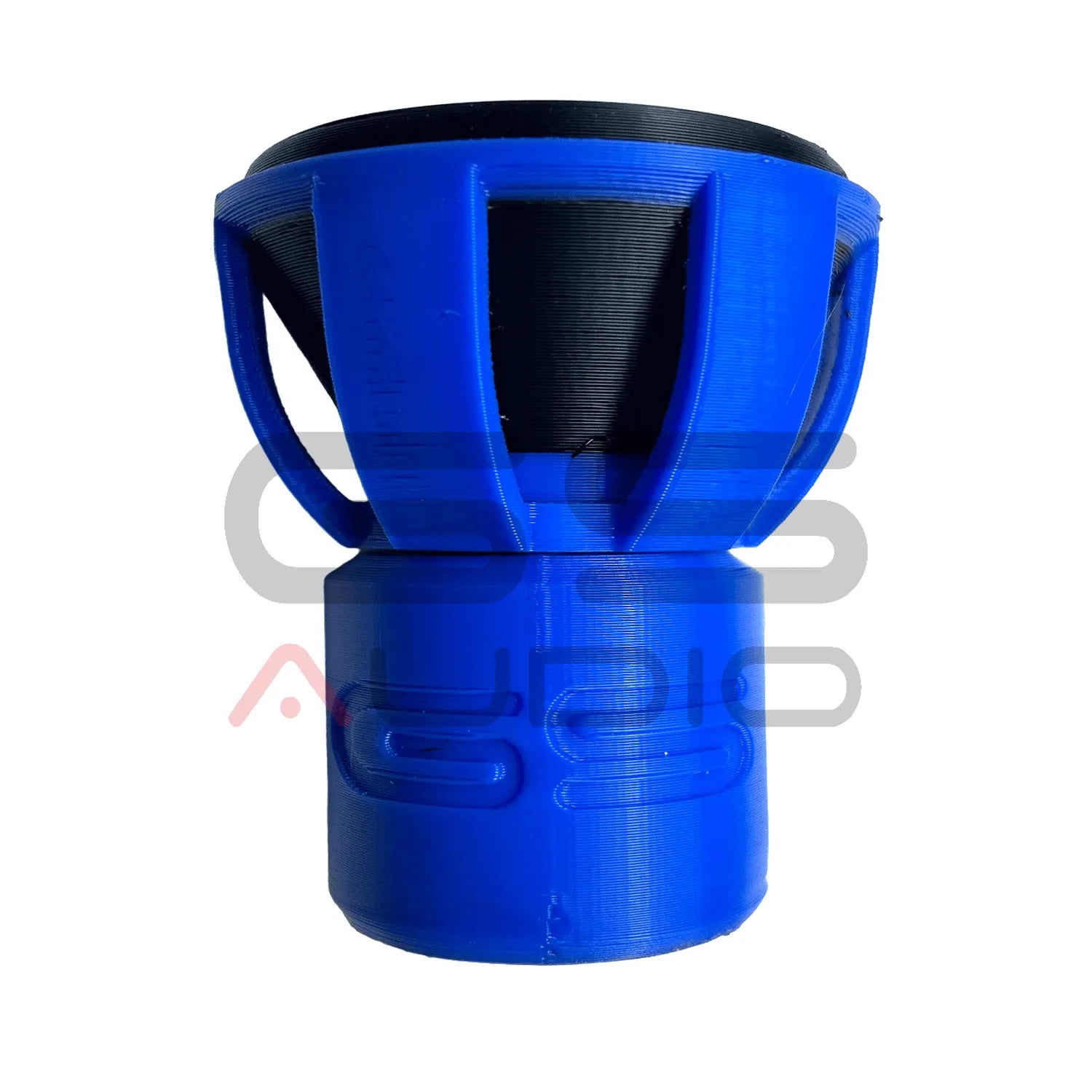 De Bass Knob GS Audio van GS Audio, 3D-geprint in blauw en zwart, wordt afgebeeld tegen een witte achtergrond.