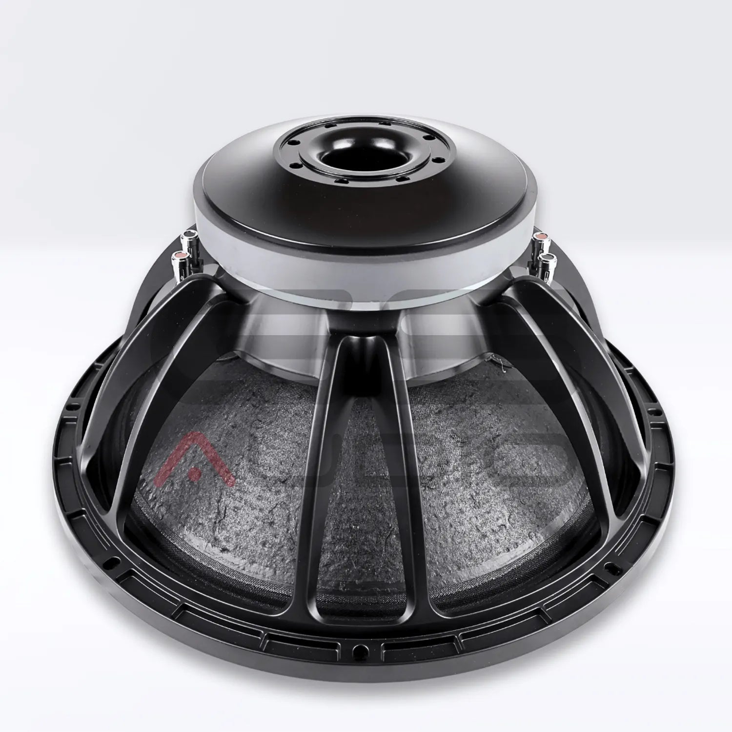 GS Audio PRO 18F4-2500W: large black subwoofer, downward-facing with metal frame and magnet—perfect for high-end PA setups as a powerful mid-bass transducer.