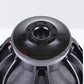 Close-up of a GS Audio PRO 18F4-2500W subwoofer, highlighting its metal frame, screws, terminals, and textured surface for high-end PA installations.
