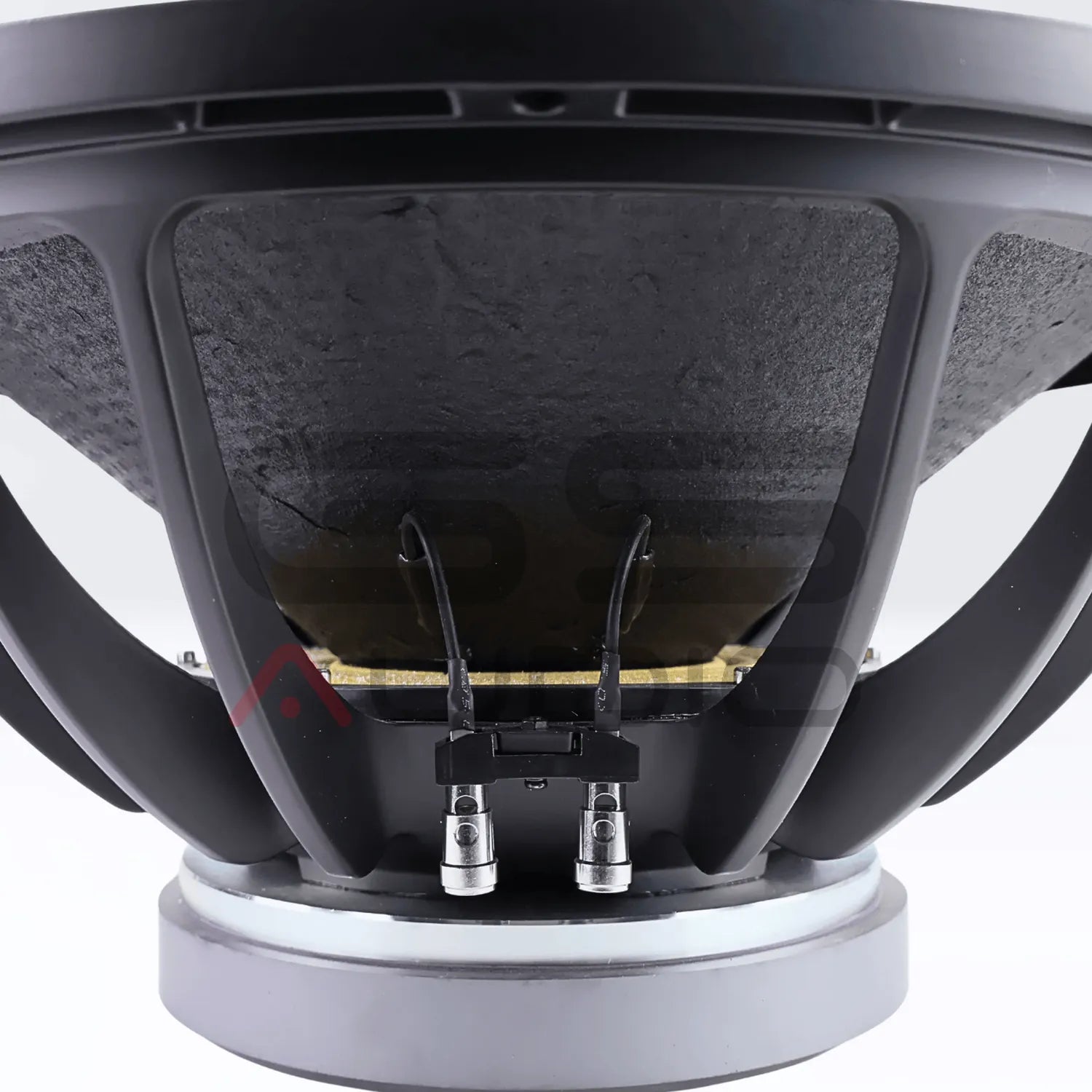 Close-up of the GS Audio PRO 18F4-2500W subwoofer rear, showing metal frame, wiring terminals, and robust connectors for high-end PA installations.