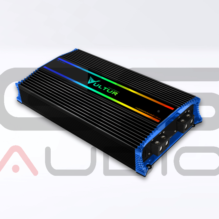 GS Audio VULTUR GS-1.9000VLT Monoblock-Verstärker in Schwarz/Blau mit farbigem Streifen, geriffelter Oberfläche und sichtbaren Anschlüssen für Car-Audio-Systeme.