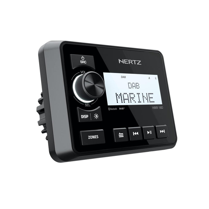 The HMR 18 D is a black marine audio receiver with a digital display showing DAB MARINE, control buttons, volume knob, Bluetooth Audio and DAB+ icons, plus source, display, and zone buttons.