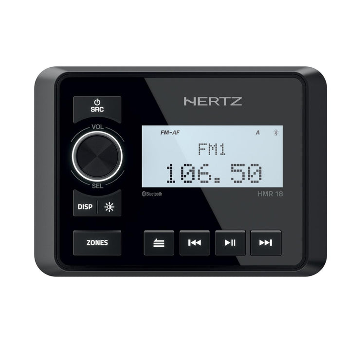 The Hertz HMR 18 Marine Receiver features Bluetooth audio, an FM1 display at 106.30, control buttons labeled SRC, DISP, ZONES, a volume knob, and media controls.