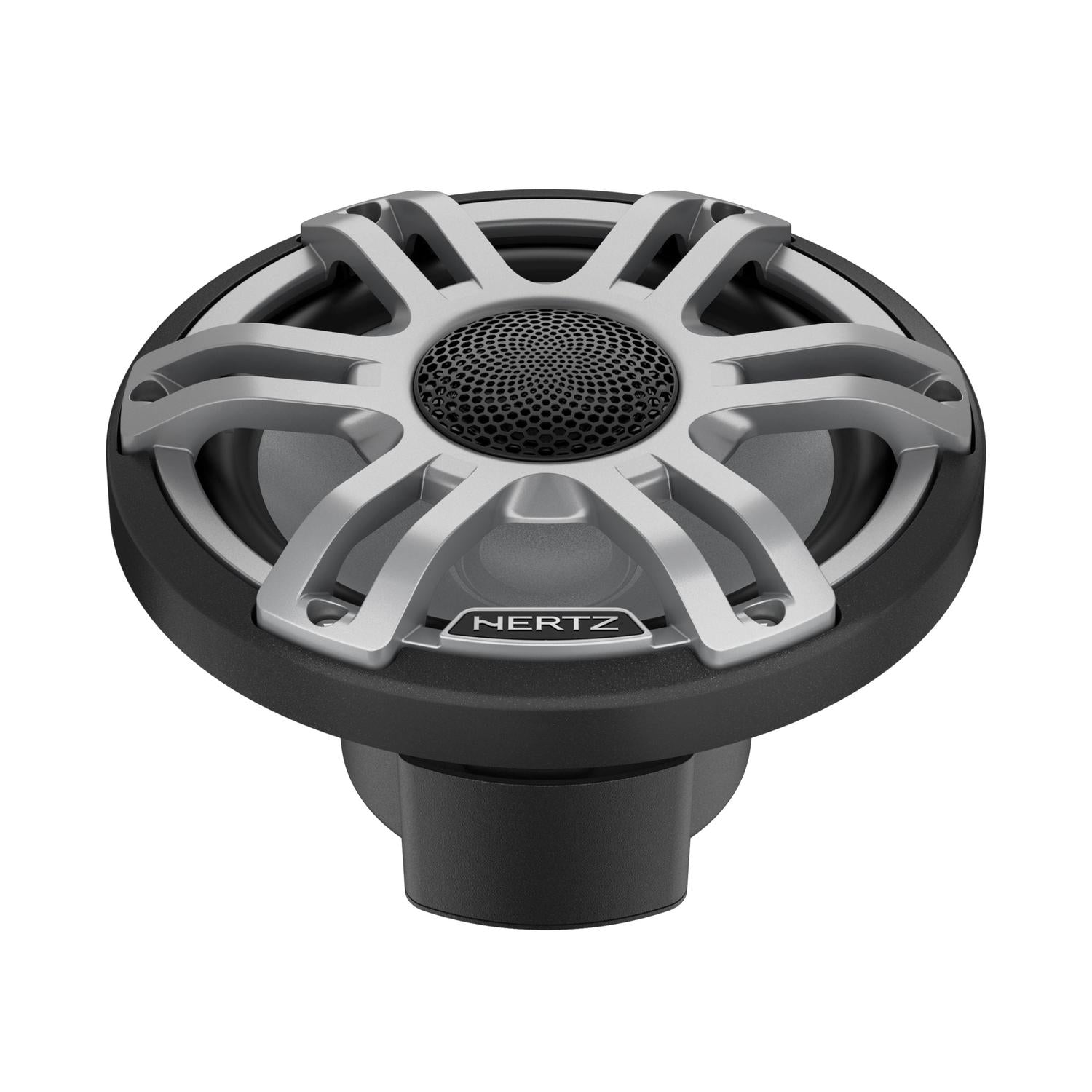 Le Hertz HMX 7.7 S-LD-G.2 est un haut-parleur coaxial noir et argenté, doté dune grille circulaire et dun design métallique épuré.
