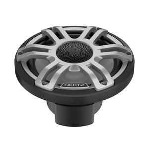 Le Hertz HMX 7.7 S-LD-G.2 est un haut-parleur coaxial noir et argenté, doté dune grille circulaire et dun design métallique épuré.