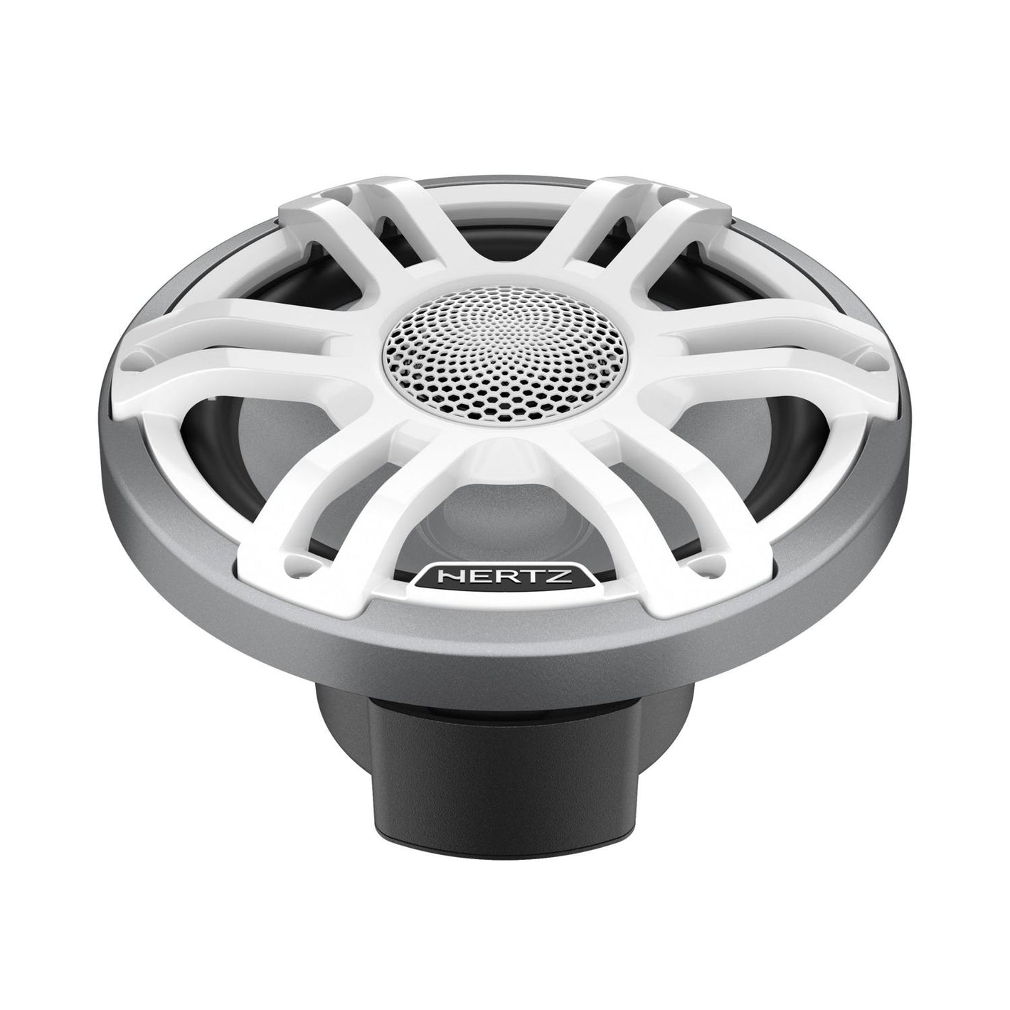 Hertz HMX 7.7 S-LD-SW.2 : haut-parleur audio pour voiture coaxial à 2 voies, doté dun cadre argenté, dune grille blanche, dun centre en maille et du logo Hertz sur la face avant.