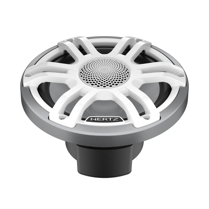 Hertz HMX 7.7 S-LD-SW.2 : haut-parleur audio pour voiture coaxial à 2 voies, doté dun cadre argenté, dune grille blanche, dun centre en maille et du logo Hertz sur la face avant.