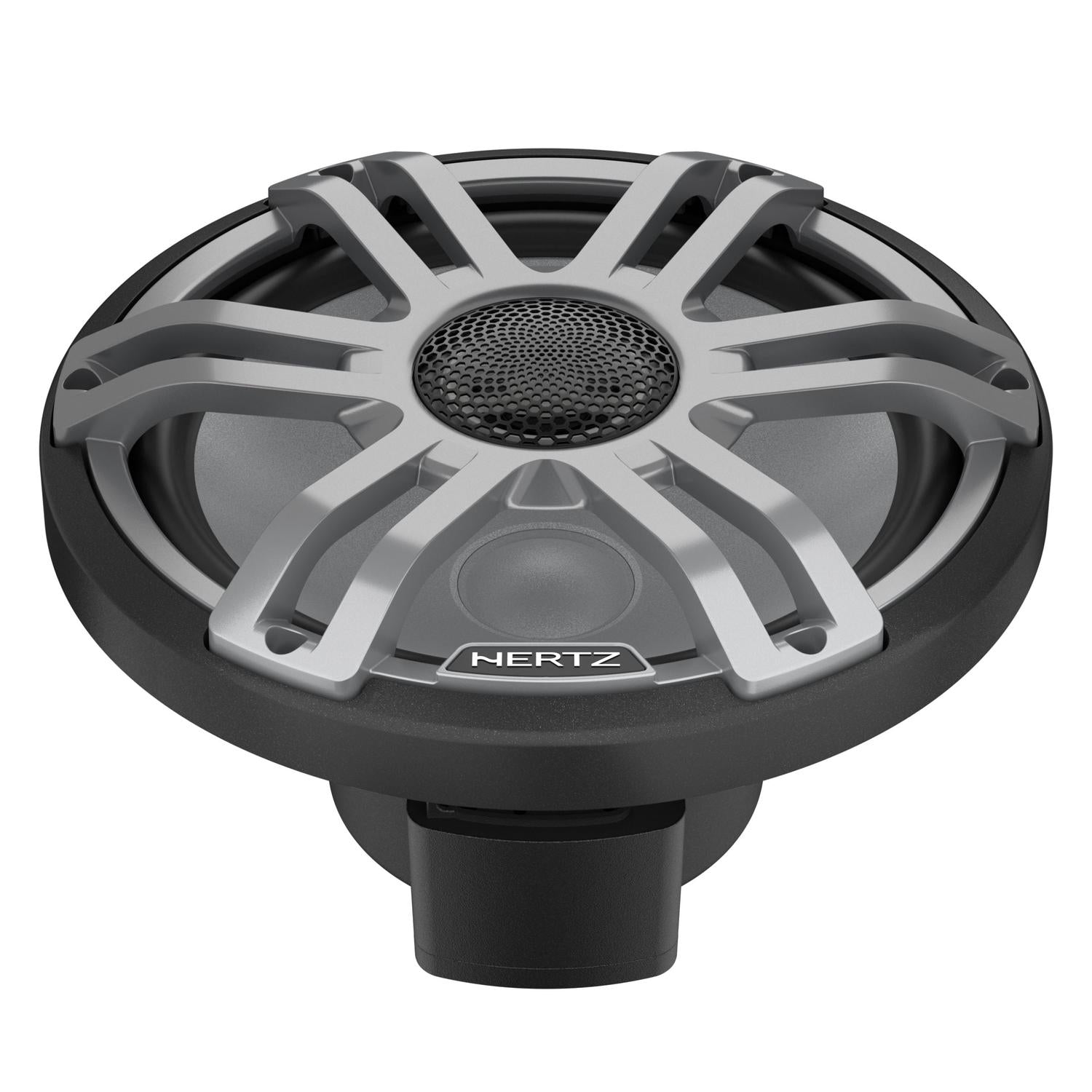 Le Hertz HMX 8.8 S-LD-G.2 est un haut-parleur coaxial de 8 pouces, de couleur noir et argent, équipé dune grille de protection et dun cache-fil.