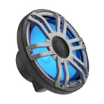Le Hertz HMX 8.8 S-LD-G.2 est une enceinte ronde dotée dun centre lumineux bleu, dun cache gris métallisé, dun design radial et dun son puissant ; le nom de la marque est visible sur le bord inférieur.