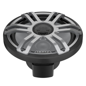 Le Hertz HMX 8.8 S-LD-G.2 est un haut-parleur coaxial de 8 pouces, de couleur noir et argent, équipé dune grille de protection et dun cache-fil.
