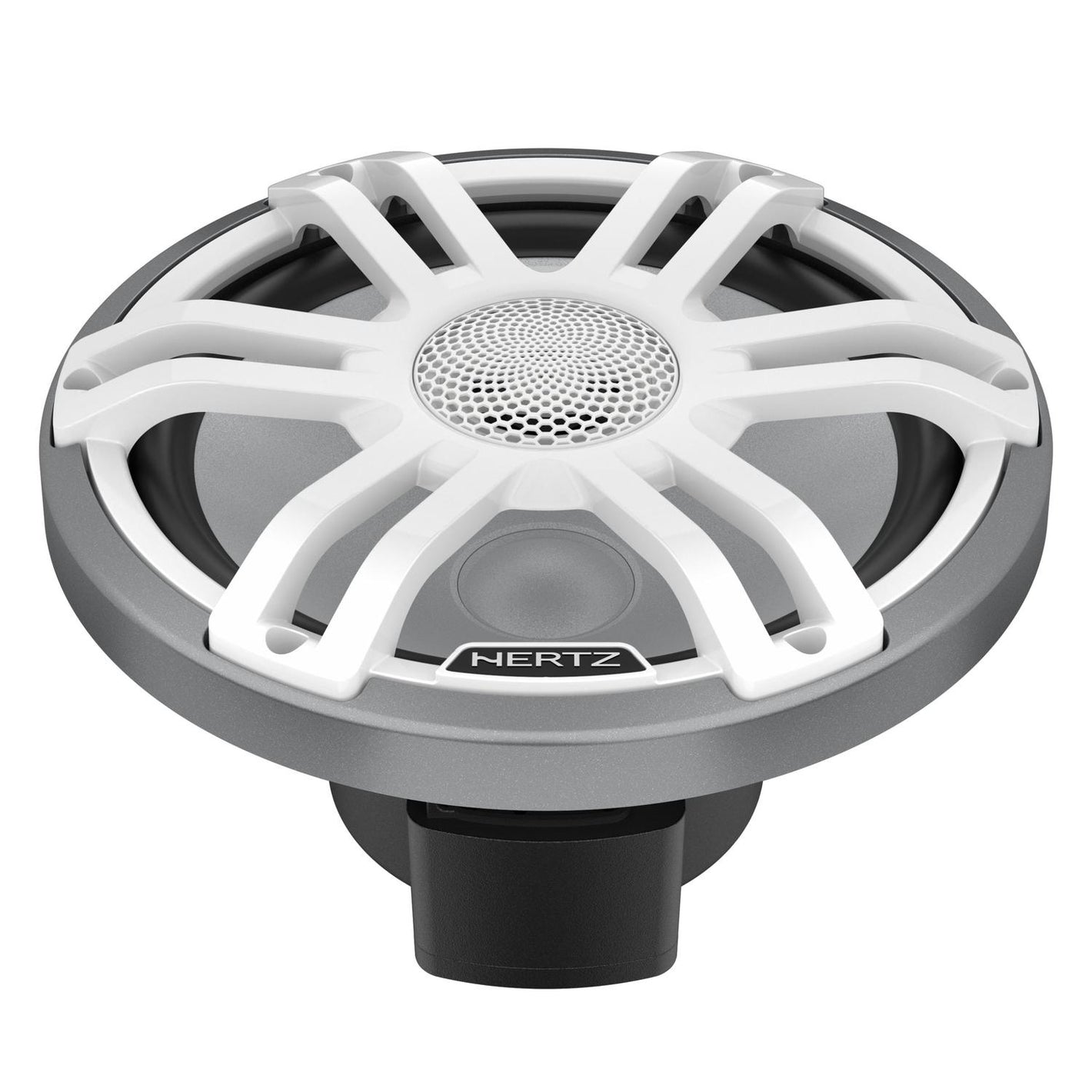 Le Hertz HMX 8.8 S-LD-SW.2 est un haut-parleur coaxial rond à 2 voies, doté dun cache blanc en forme détoile, dune grille centrale, dun cadre argenté et dun socle dencastrement noir.