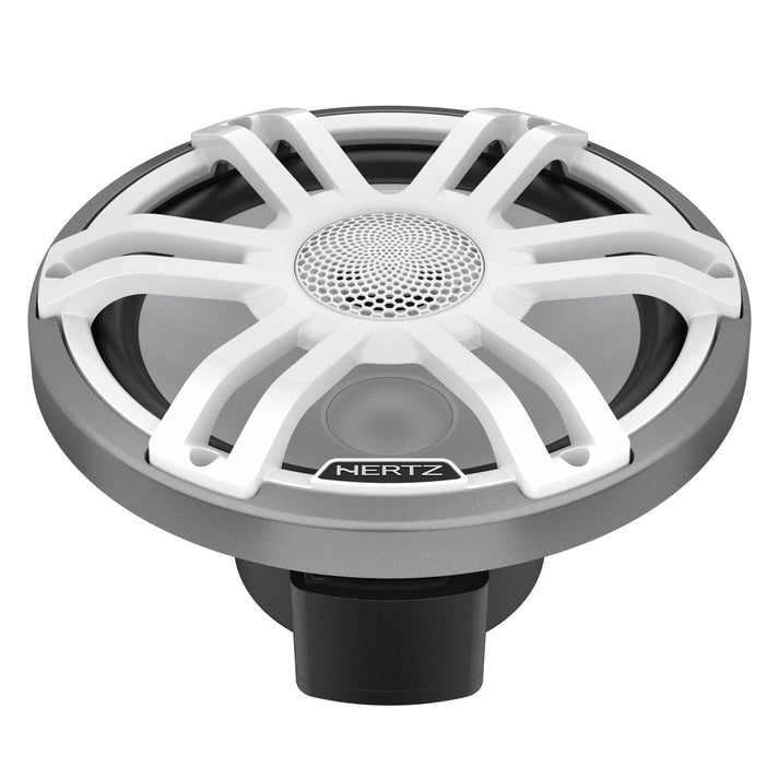 Le Hertz HMX 8.8 S-LD-SW.2 est un haut-parleur coaxial rond à 2 voies, doté dun cache blanc en forme détoile, dune grille centrale, dun cadre argenté et dun socle dencastrement noir.