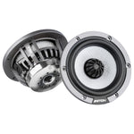 Dos altavoces redondos ETON HEX 80 para audio de automóvil: uno muestra su cono con patrón de panal de abeja y el otro su imán Neodym y su marco metálico.