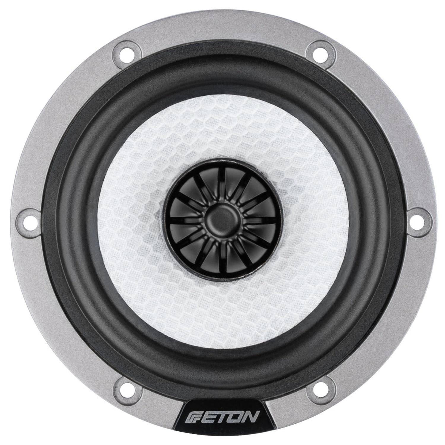 Primer plano del altavoz de audio para automóvil ETON HEX 80 con cono blanco en forma de panal, imán Neodym, marco negro y cúpula central en un marco plateado.