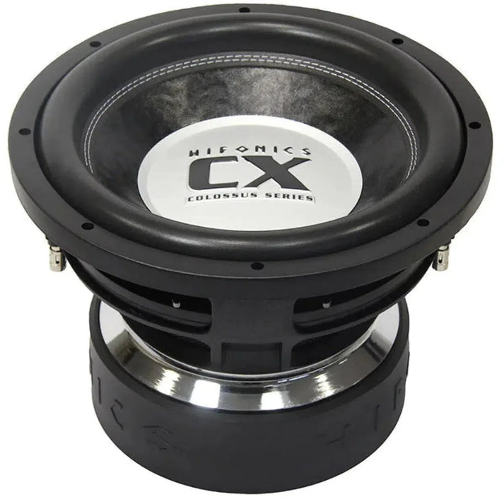 The Hifonics Colossus CX12D2 is a 12 subwoofer with dual voice coils, 4000W RMS power, and a stylish black and silver cone, rim, and base design.