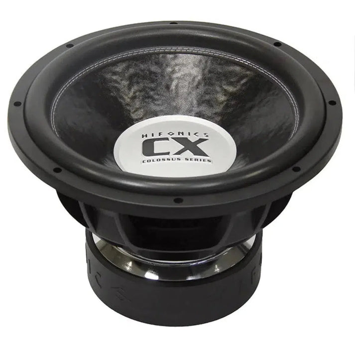 The Hifonics Colossus CX15D2 is a black 15 subwoofer with metallic accents and a large cone, delivering 4500W RMS, shown angled on a white backdrop.