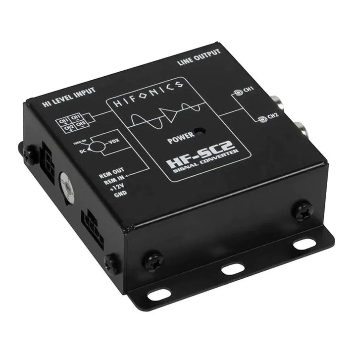 Il convertitore alto-basso HF-SC2 / ISO 2-kanal è dotato di porte etichettate, indicatore di alimentazione e staffe di montaggio, mostrate ad angolo su sfondo bianco.