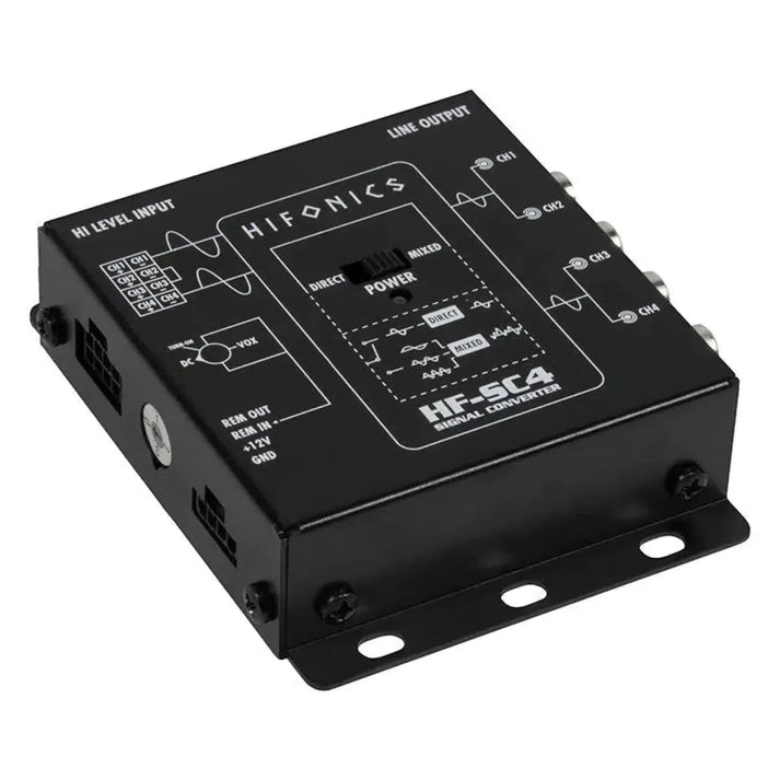Un adaptateur Hifonics HF-SC4 / ISO high-low noir comporte des ports dentrée/sortie étiquetés, un diagramme de circuit et des interrupteurs de contrôle sur le dessus.