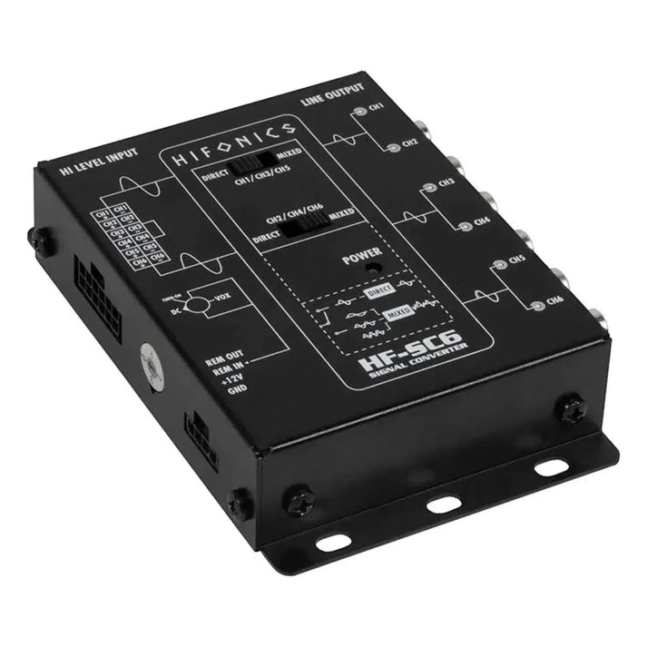 Hifonics HF-SC6 è un convertitore di segnale a 6 canali con porte di ingresso/uscita e controlli etichettati, perfetto per le installazioni audio.