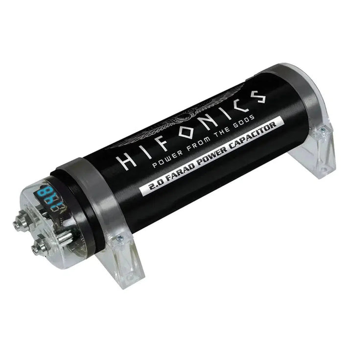 Hifonics HFC2000 - 2 Farad è un condensatore di potenza cilindrico nero con display digitale della tensione, terminali in metallo e staffe di montaggio trasparenti.