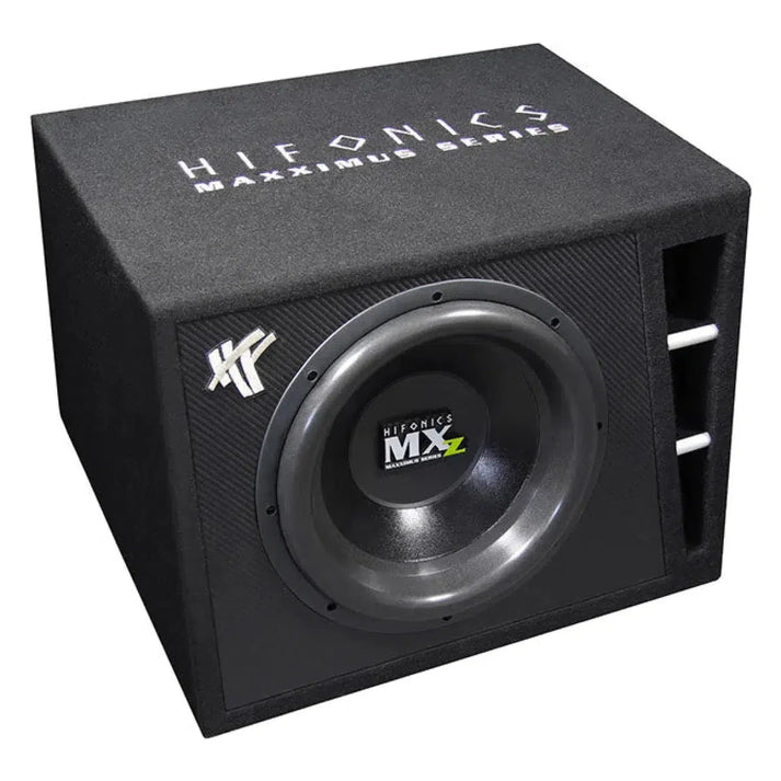 El Hifonics Maxximus MXZ12R es un subwoofer negro de 12 pulgadas en una caja rectangular con un gran altavoz y dos rejillas de ventilación Bassreflex en el lado derecho.