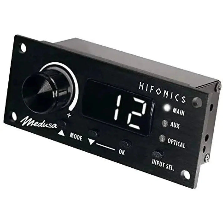 Rectangular black Hifonics RC-TRX Controller audio panel with digital display showing “12”, large knob, buttons, and Main, Aux, Optical input options.