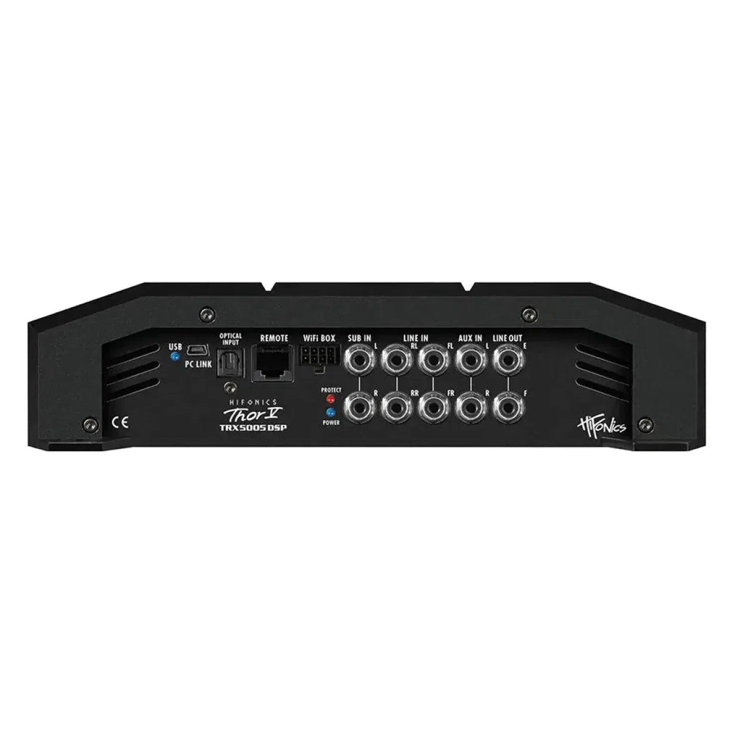 Achteraanzicht van een zwarte Hifonics Thor TRX-5005DSP 5-kanaals DSP-versterker met gelabelde RCA-, USB- en remote in-/uitgangspoorten in witte tekst.