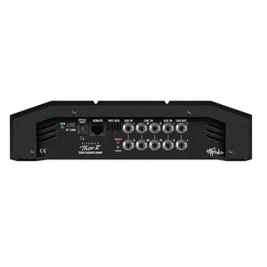 Achteraanzicht van een zwarte Hifonics Thor TRX-5005DSP 5-kanaals DSP-versterker met gelabelde RCA-, USB- en remote in-/uitgangspoorten in witte tekst.