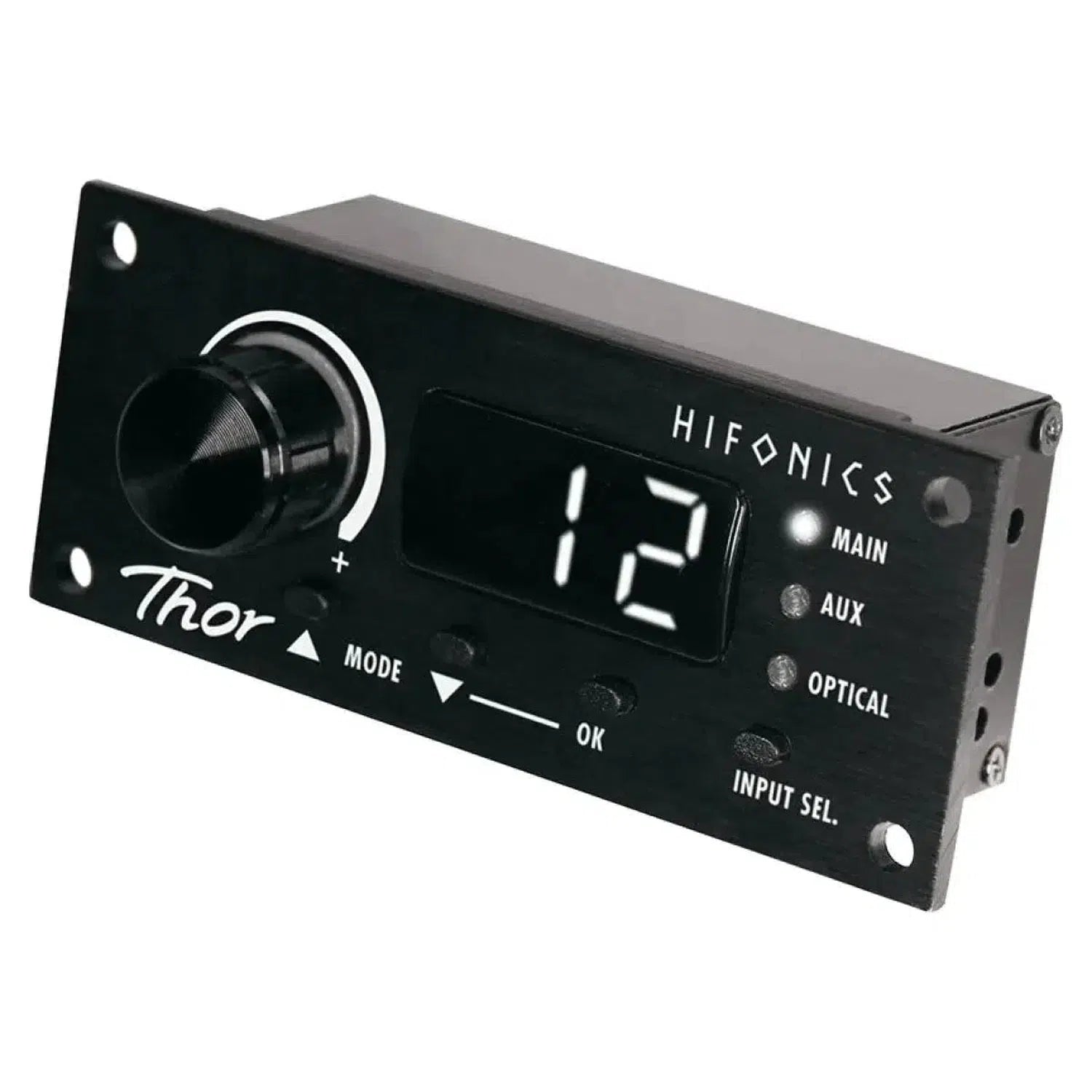 Het Hifonics Thor TRX-5005DSP audiobedieningspaneel heeft een draaiknop, digitale display 12 en mode/OK/input knoppen - ideaal voor klasse A/B  D hybride 5-kanaals DSP-versterkers.