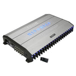 De Hifonics Thor TRX-5005DSP is een zilveren 5-kanaals DSP-versterker met zwarte vinnen, blauwe accentverlichting, afstandsbediening en klasse A/B  D hybride technologie.