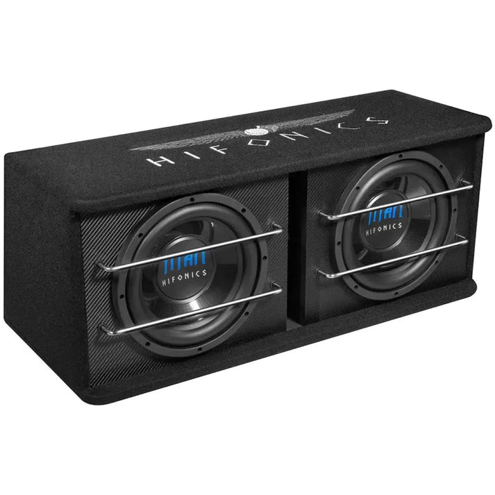 The Hifonics Titan TD-250R is a black 10 Zoll dual subwoofer speaker box with metal protective bars across each subwoofer.