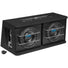 The Hifonics Titan TDA-200R Aktiv is a black subwoofer box with two 8 woofers, metal bars, side amp controls, and Hifonics branding on top.