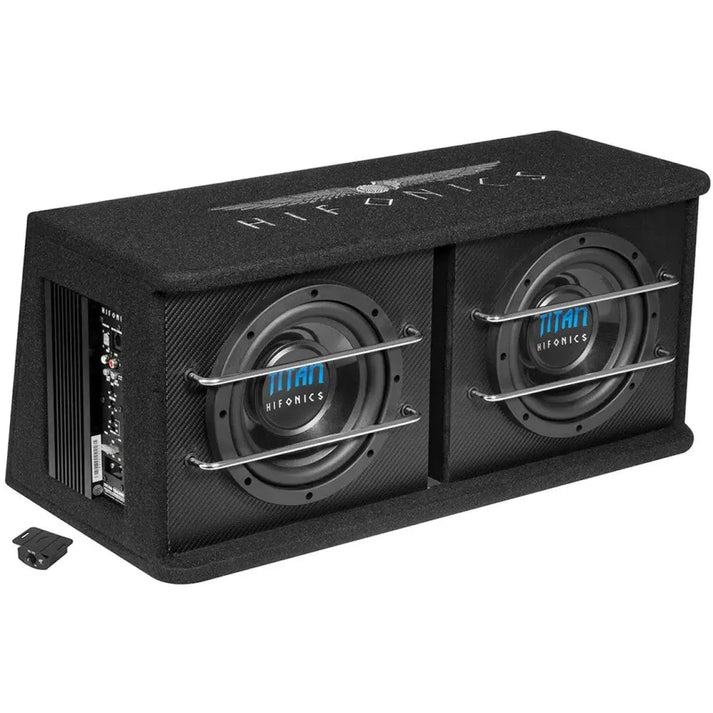 The Hifonics Titan TDA-200R Aktiv is a black subwoofer box with two 8 woofers, metal bars, side amp controls, and Hifonics branding on top.