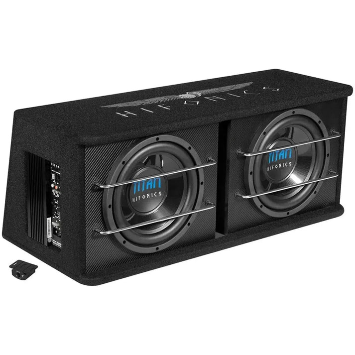 LHifonics Titan TDA-250R Aktiv è un subwoofer nero dual-bass reflex con due woofer da 10, barre di protezione in metallo e un pannello di controllo dellamplificatore in classe D sul lato.