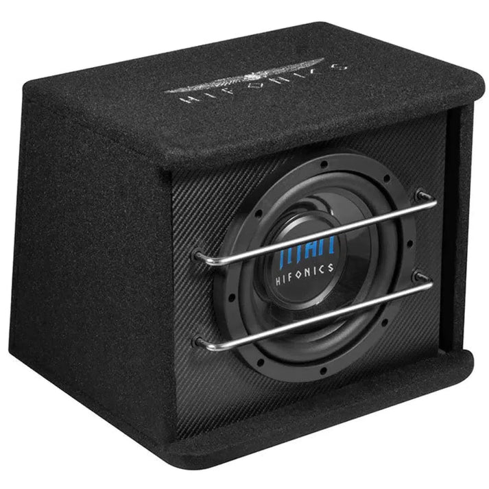 El Hifonics Titan TS-200R es un subwoofer negro de 8 pulgadas en una caja con dos barras metálicas que protegen el único bass reflex frontal.