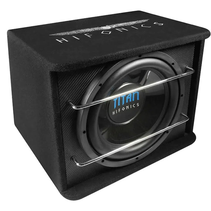 Un subwoofer Hifonics Titan TS-300R negro de 12 en un recinto de caja con sistema bass reflex y dos barras metálicas protectoras.