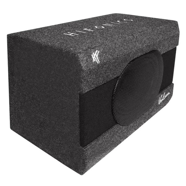 The Hifonics Vulcan VX-690R is a rectangular gray Gehäusesubwoofer with black mesh speaker, Bassreflex system, and white logos on top and side.