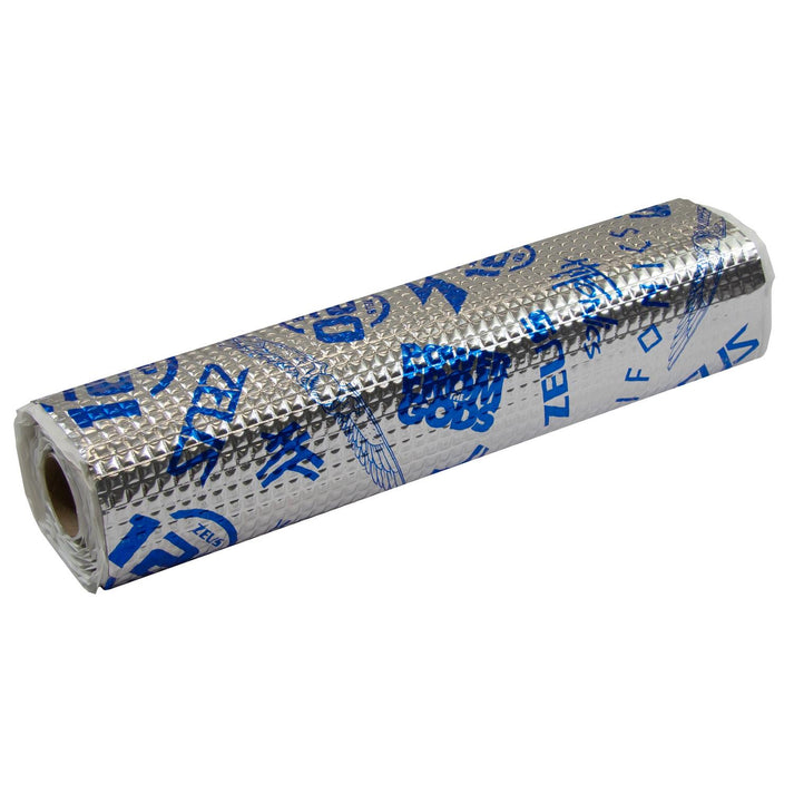 Un rotolo di involucro isolante a bolle metalliche Hifonics Zeus AluButyl 120dB con testo e grafica blu sulla superficie argentata.