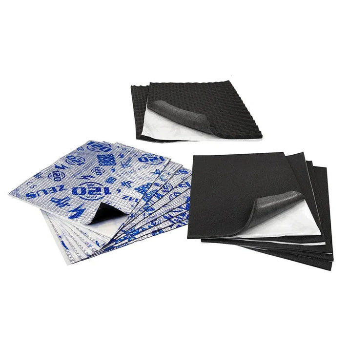 Three groups of Hifonics Zeus Door Kit1 ZDK1 adhesive-backed soundproofing foam sheets, shown stacked and overlapping, on a white background.