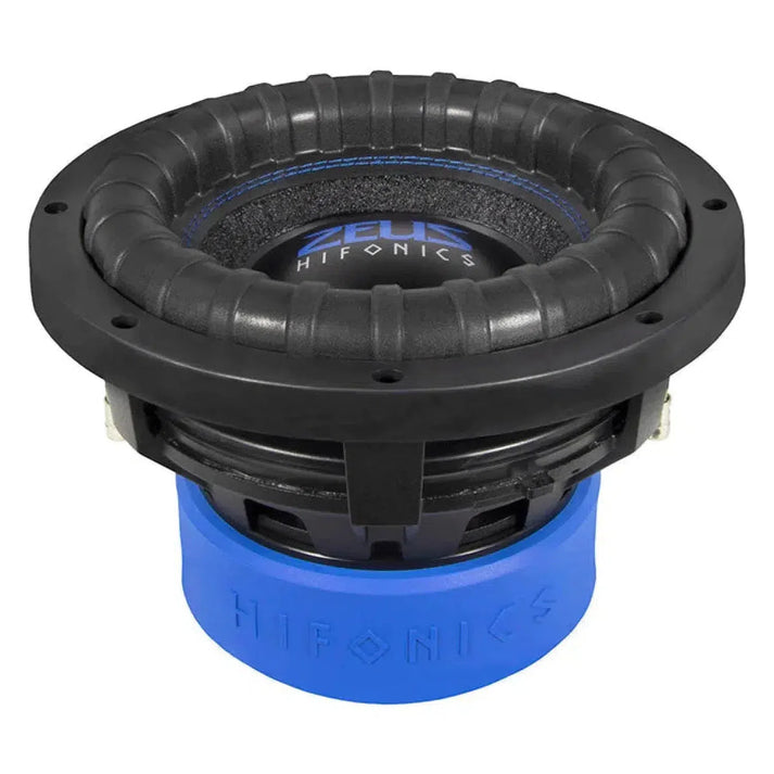 The black and blue Hifonics Zeus ZRX10D2 10 subwoofer features a rugged cone, thick rubber surround, and powerful dual-magnet design.