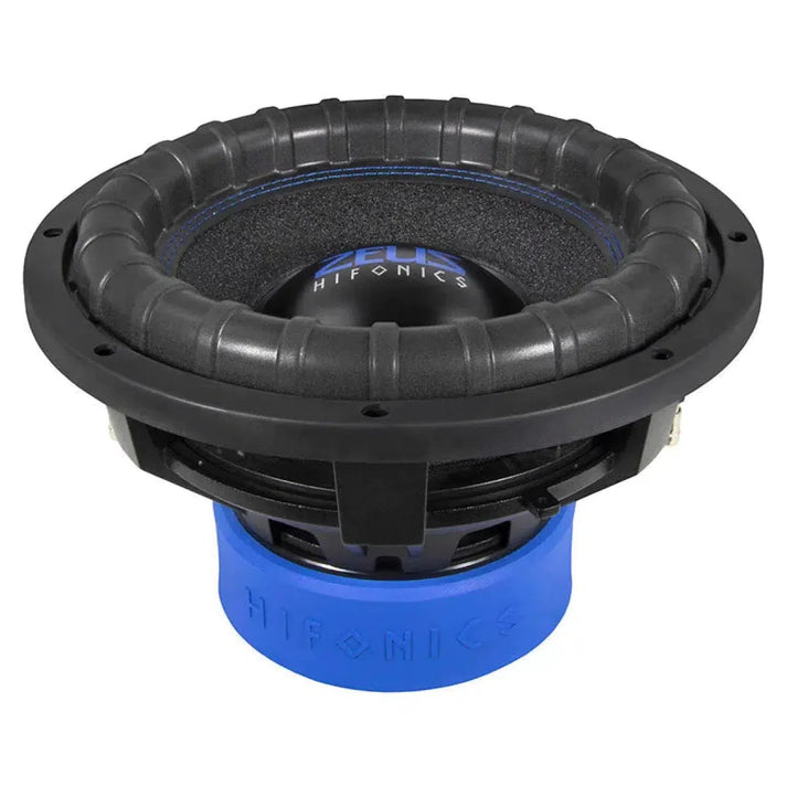 The Hifonics Zeus ZRX12D2 is a black and blue 12 subwoofer with ribbed edges, Doppelmagnet, logo center, and blue aluminum die-cast basket.