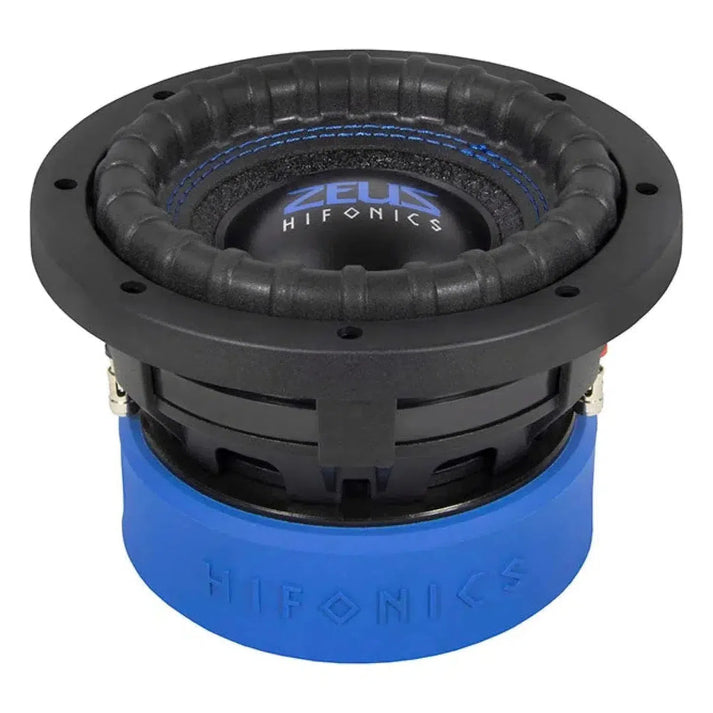De Hifonics Zeus ZRX6D2 is een zwart-blauwe 6,5 subwoofer met een robuuste, geribbelde rand, Doppelmagneet ontwerp en merkconus en magneetafdekking.
