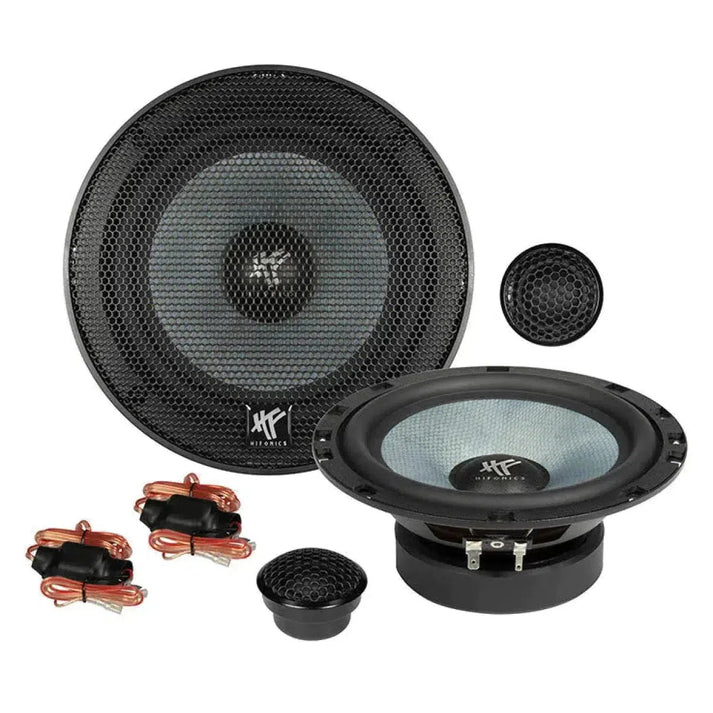 The Hifonics Zeus ZS6.2E car speaker set includes two 6 speakers with mesh covers, two tweeters, and red/black wires for easy installation.