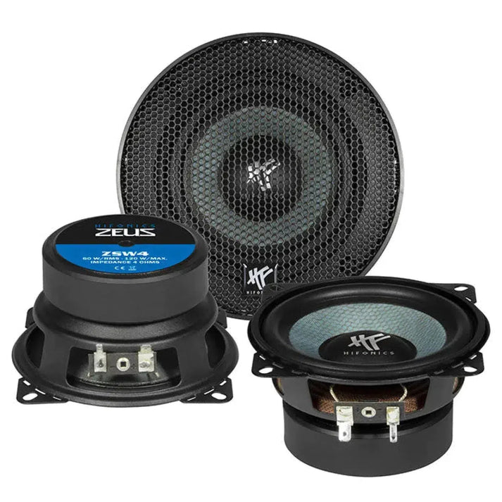 Trois haut-parleurs Hifonics Zeus ZSW4 : avant avec une grille, arrière avec des spécifications, et côté révélant des composants en nid dabeille Sandwich-Membran.