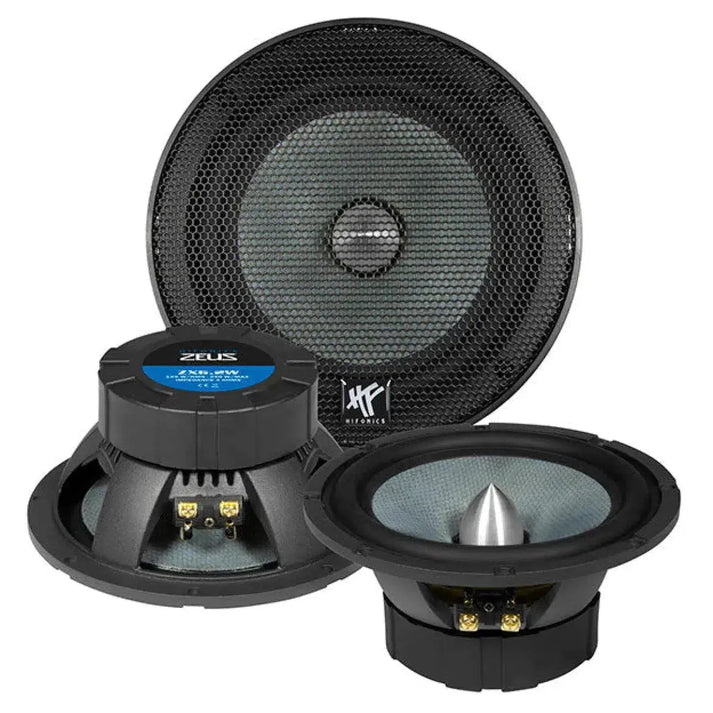 Three black Hifonics Zeus ZX6.2W car audio speakers are shown: one upright with a grille, one front view, and one showing the back with connector terminals.