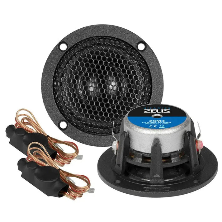 Diffusore rotondo nero Hifonics Zeus ZXM-3 da 3 con copertura in rete, mostrato davanti e dietro, include due set di cavi con connettori neri; impedenza di 4 Ohm.