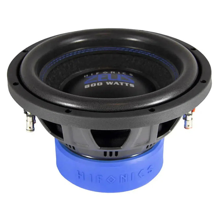 Un subwoofer Hifonics Zeus ZXS10D2 de 10, negro y azul, con doble bobina móvil y 800 W en el cono, mostrado en ángulo para mostrar sus terminales y su detallada construcción.