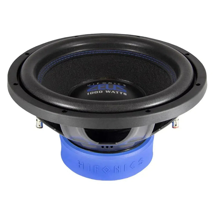 El Hifonics Zeus ZXS12D2 es un subwoofer de 12 con cono negro, detalles en azul, doble bobina móvil y etiqueta de potencia máxima de 1000W sobre fondo blanco.